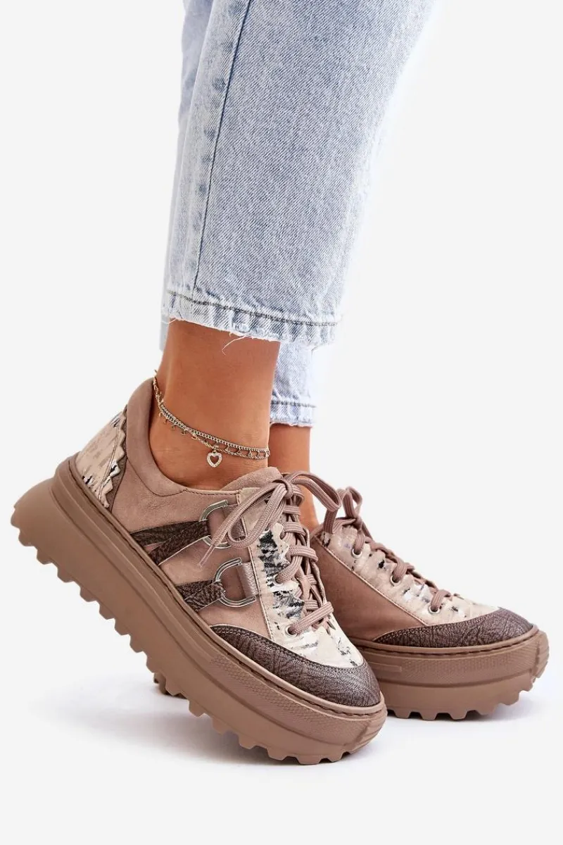 Buty Sportowe Na Platformie>Maciejka Skórzane Sneakersy Damskie Na Platformie 06562-10 Ciemnobeżowe