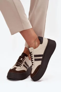 Buty Sportowe Na Platformie|Sneakersy Damskie>Zazoo Skórzane Sneakersy Damskie Na Platformie 3775 Beżowo-Czekoladowe