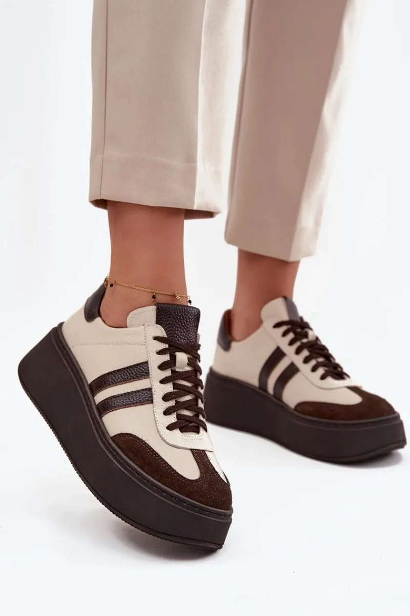 Buty Sportowe Na Platformie|Sneakersy Damskie>Zazoo Skórzane Sneakersy Damskie Na Platformie 3775 Beżowo-Czekoladowe