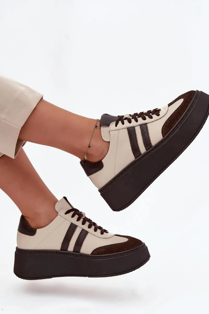 Buty Sportowe Na Platformie|Sneakersy Damskie>Zazoo Skórzane Sneakersy Damskie Na Platformie 3775 Beżowo-Czekoladowe