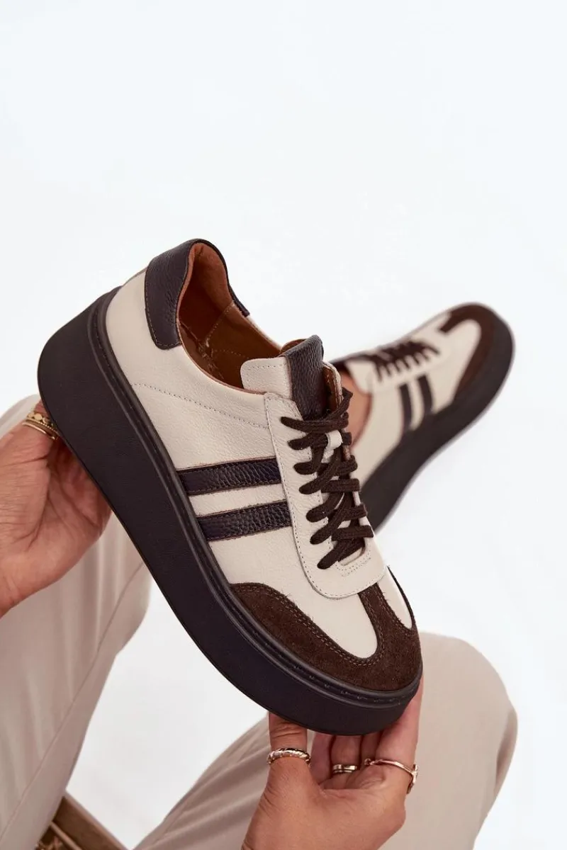 Buty Sportowe Na Platformie|Sneakersy Damskie>Zazoo Skórzane Sneakersy Damskie Na Platformie 3775 Beżowo-Czekoladowe