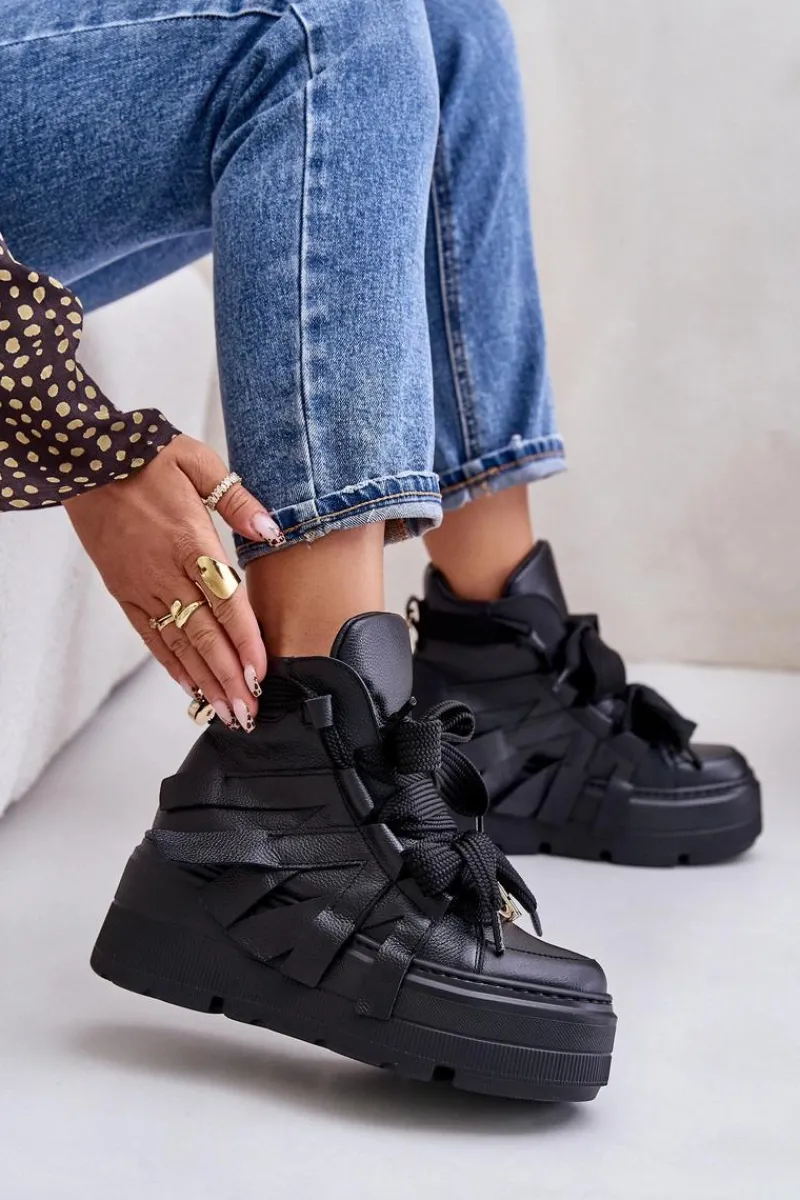 Buty Sportowe Na Platformie>CheBello Skórzane Sneakersy Damskie Na Masywnej Platformie 4561 Czarne Czarny