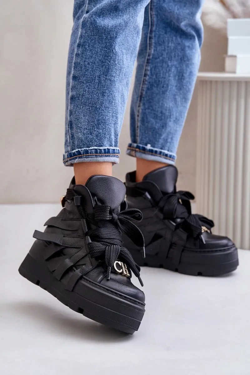 Buty Sportowe Na Platformie>CheBello Skórzane Sneakersy Damskie Na Masywnej Platformie 4561 Czarne Czarny
