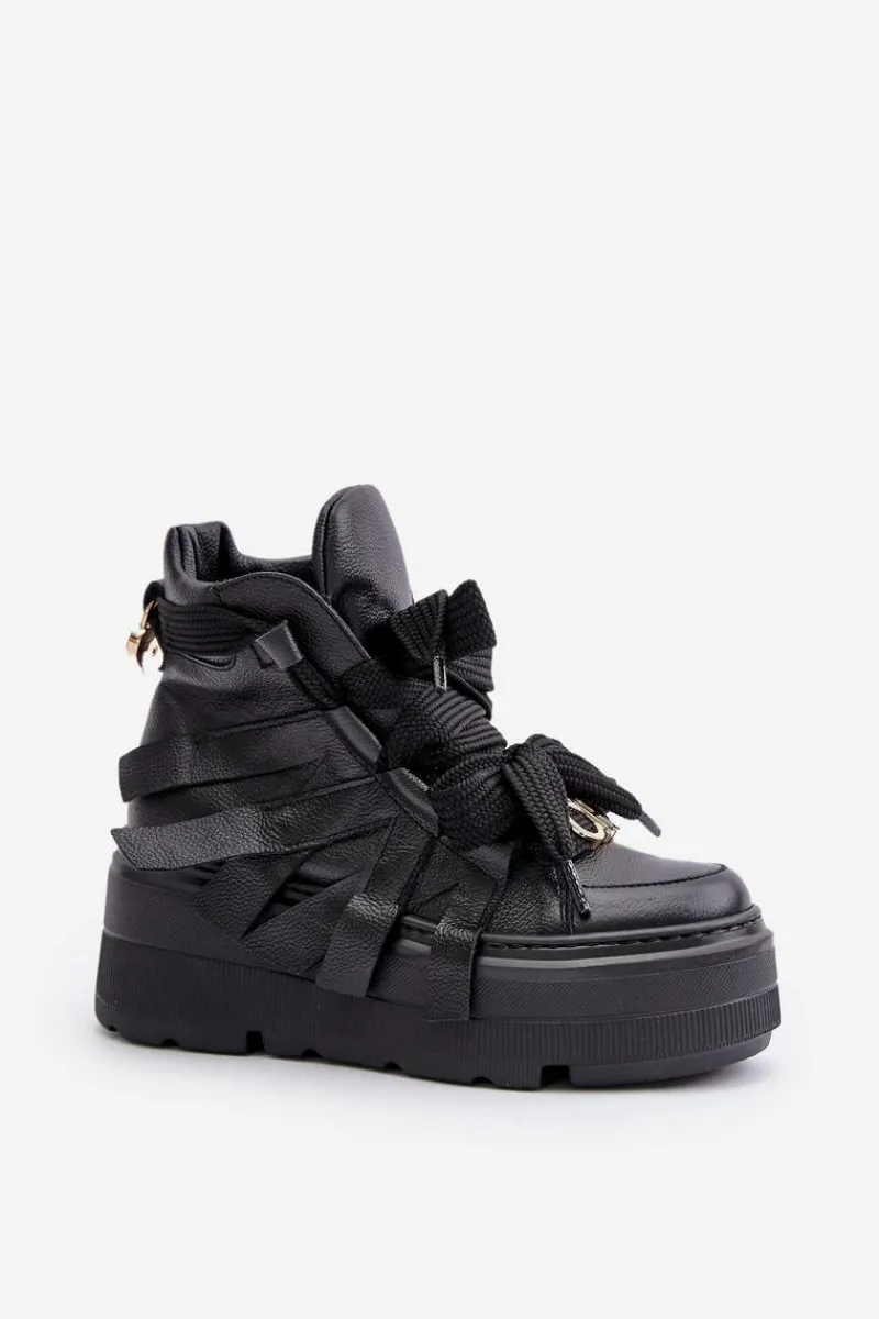 Buty Sportowe Na Platformie>CheBello Skórzane Sneakersy Damskie Na Masywnej Platformie 4561 Czarne Czarny
