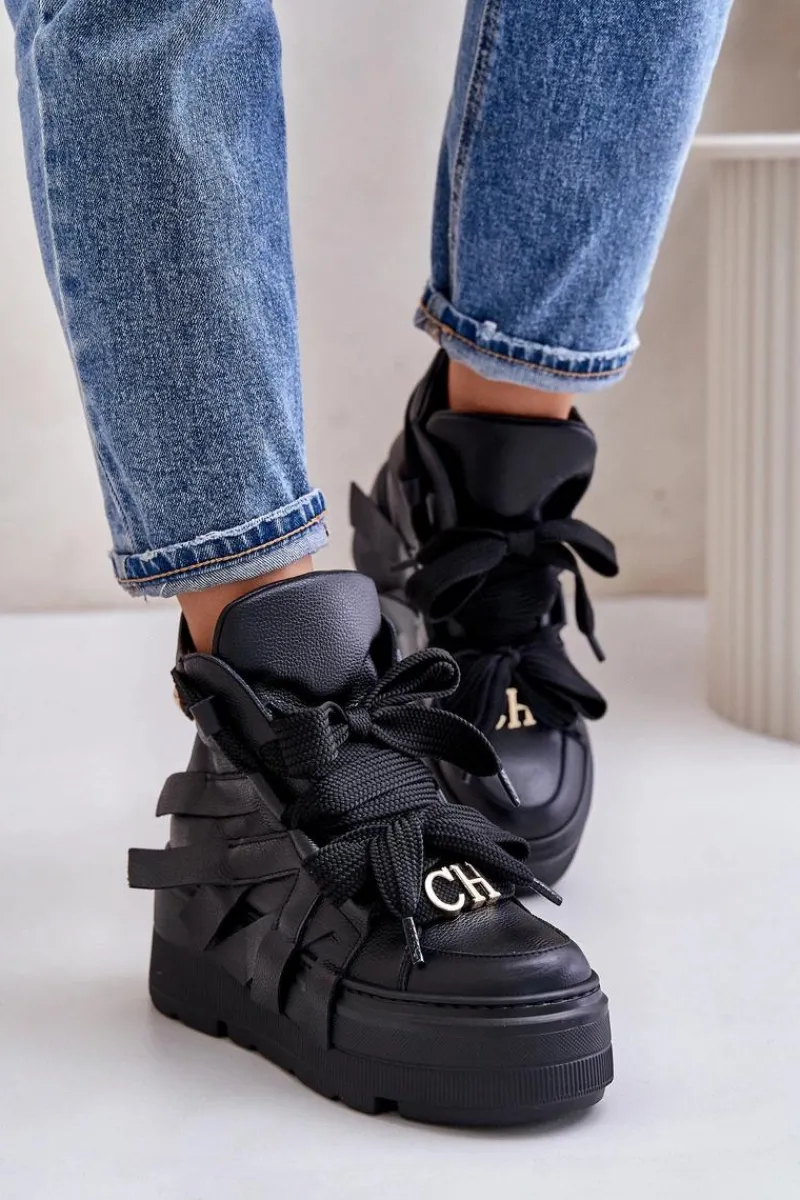 Buty Sportowe Na Platformie>CheBello Skórzane Sneakersy Damskie Na Masywnej Platformie 4561 Czarne Czarny