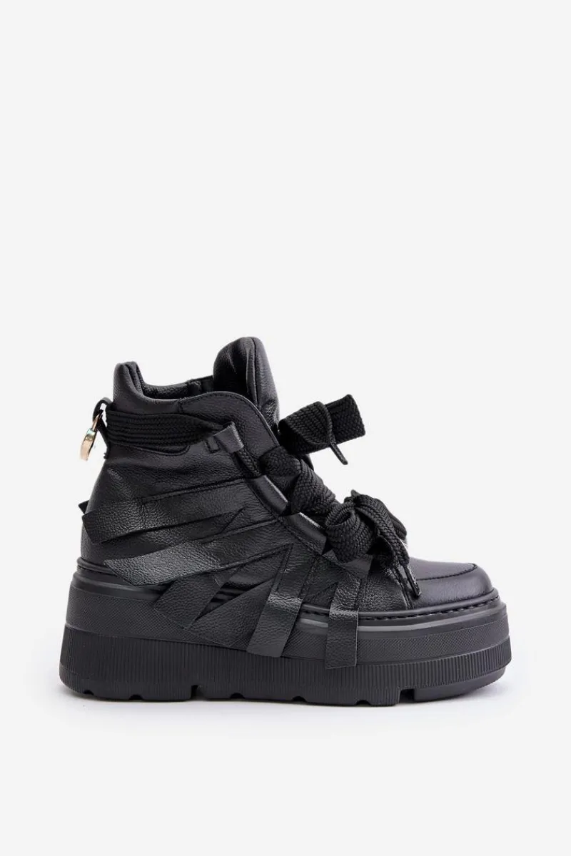 Buty Sportowe Na Platformie>CheBello Skórzane Sneakersy Damskie Na Masywnej Platformie 4561 Czarne Czarny