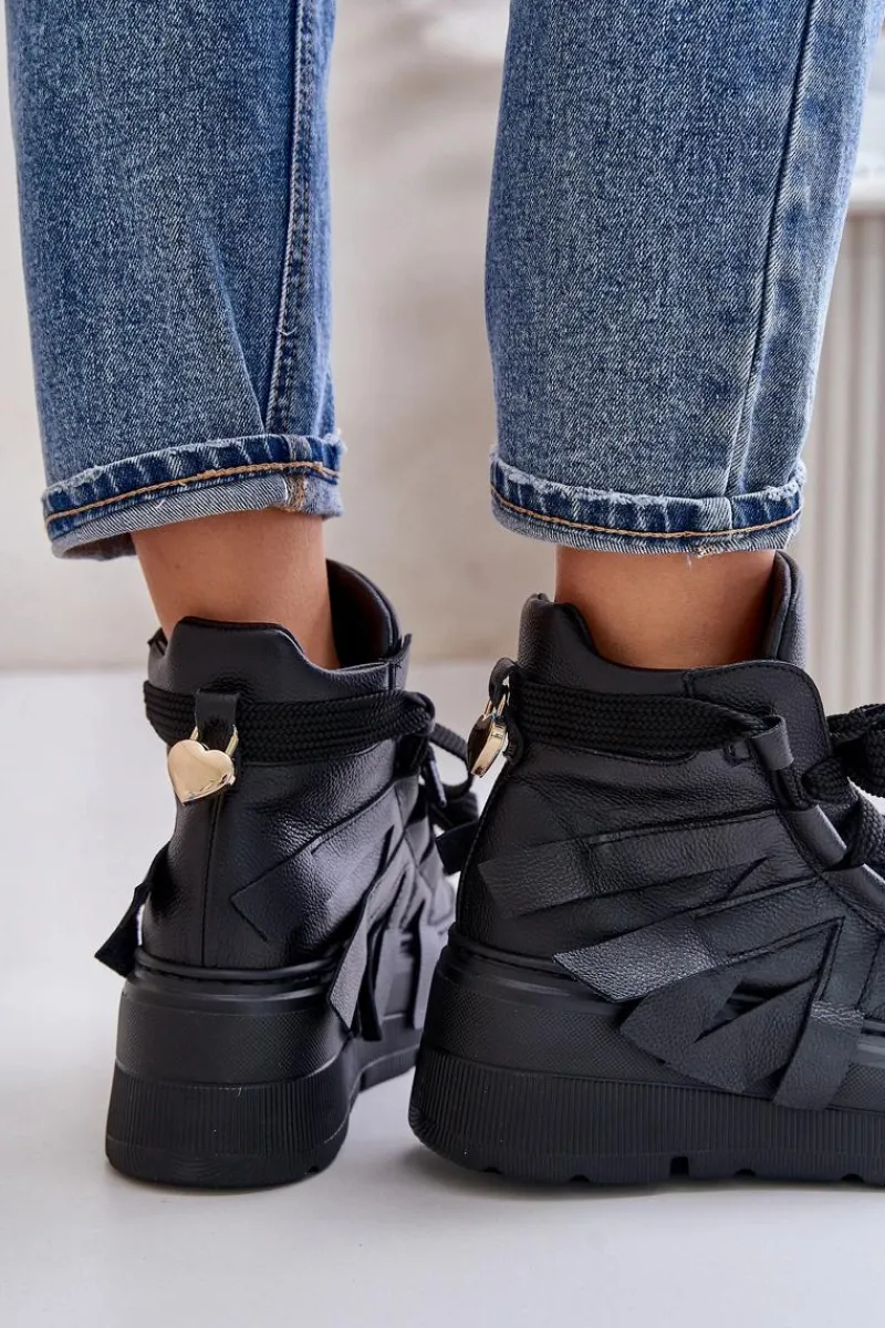 Buty Sportowe Na Platformie>CheBello Skórzane Sneakersy Damskie Na Masywnej Platformie 4561 Czarne Czarny