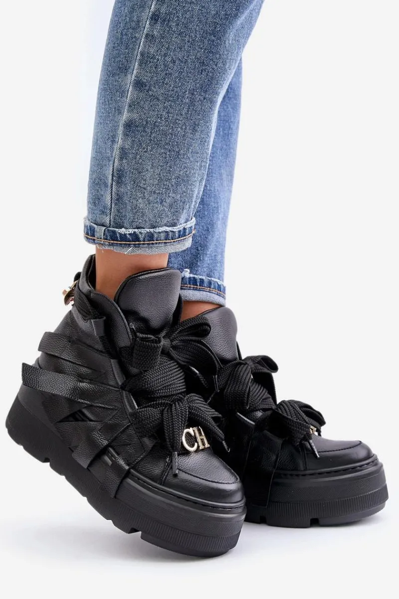 Buty Sportowe Na Platformie>CheBello Skórzane Sneakersy Damskie Na Masywnej Platformie 4561 Czarne Czarny