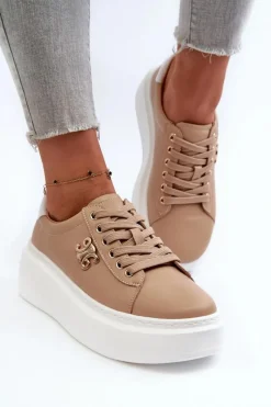 Clearance Boto Skórzane Sneakersy Damskie Na Platformie Brązowe Pernalia