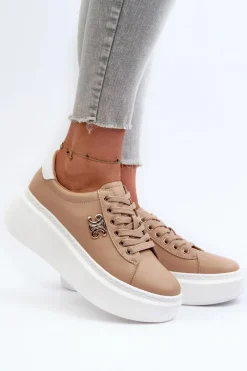 Clearance Boto Skórzane Sneakersy Damskie Na Platformie Brązowe Pernalia