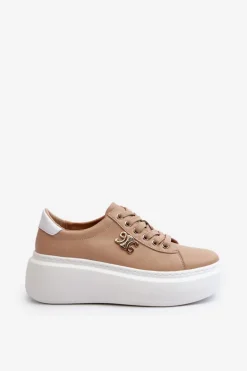 Clearance Boto Skórzane Sneakersy Damskie Na Platformie Brązowe Pernalia