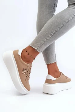 Clearance Boto Skórzane Sneakersy Damskie Na Platformie Brązowe Pernalia