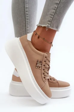 Clearance Boto Skórzane Sneakersy Damskie Na Platformie Brązowe Pernalia