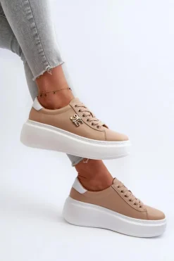 Clearance Boto Skórzane Sneakersy Damskie Na Platformie Brązowe Pernalia