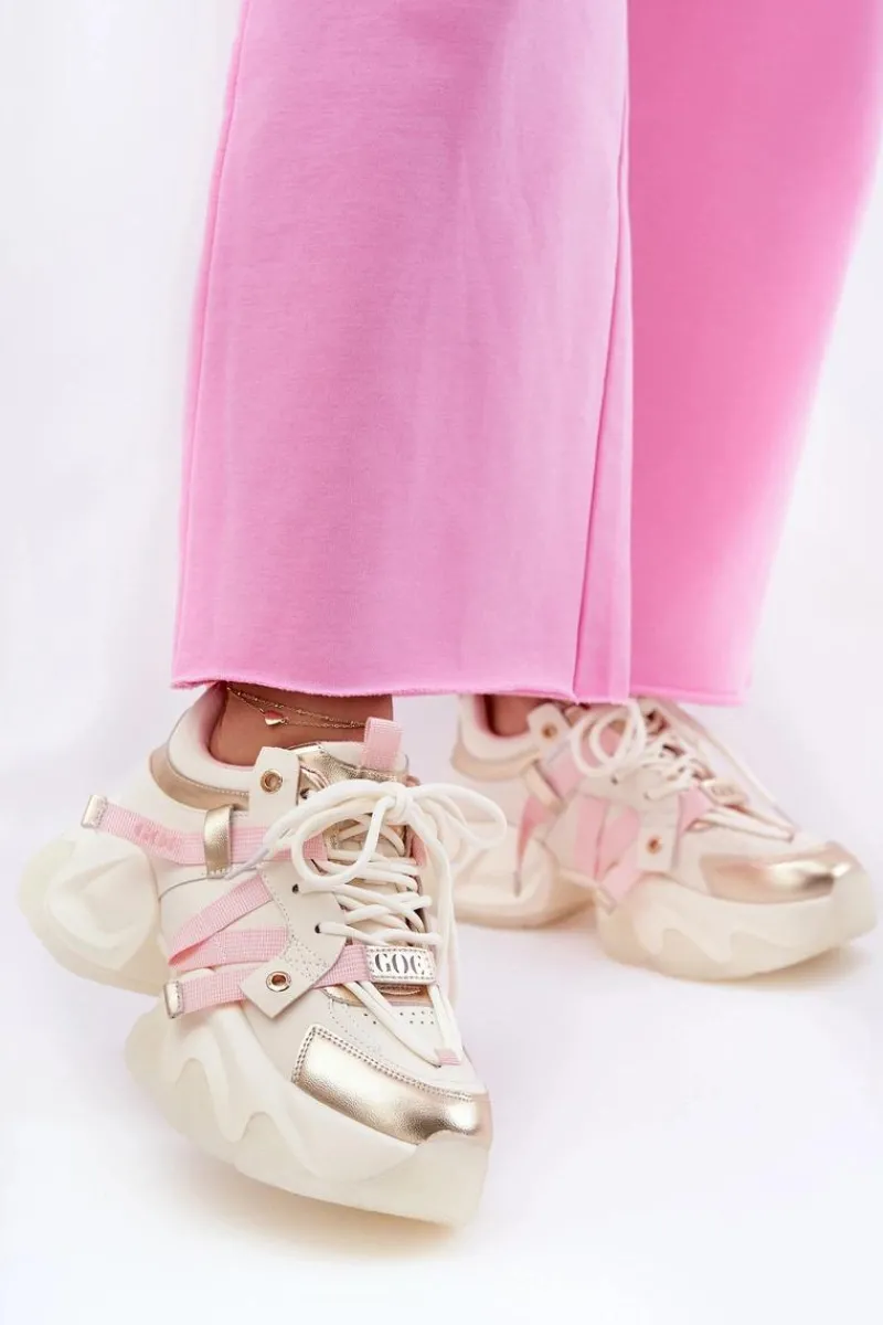 Discount Skórzane Sneakersy Damskie Na Masywnej Podeszwie RR2N4031 Beżowe Damskie Sneakersy Damskie