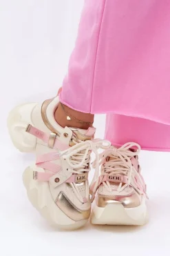 Discount Skórzane Sneakersy Damskie Na Masywnej Podeszwie RR2N4031 Beżowe Damskie Sneakersy Damskie