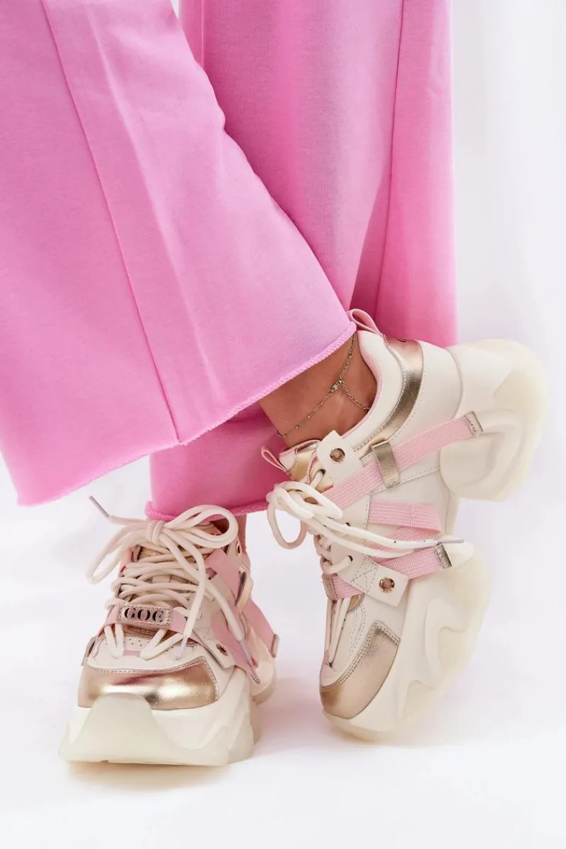 Discount Skórzane Sneakersy Damskie Na Masywnej Podeszwie RR2N4031 Beżowe Damskie Sneakersy Damskie