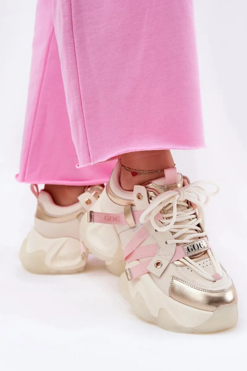 Discount Skórzane Sneakersy Damskie Na Masywnej Podeszwie RR2N4031 Beżowe Damskie Sneakersy Damskie