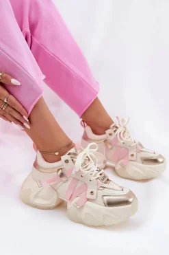 Discount Skórzane Sneakersy Damskie Na Masywnej Podeszwie RR2N4031 Beżowe Damskie Sneakersy Damskie