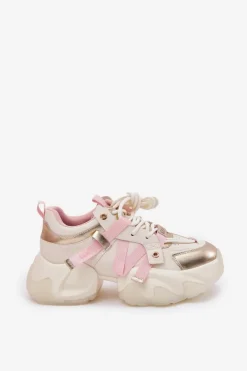 Discount Skórzane Sneakersy Damskie Na Masywnej Podeszwie RR2N4031 Beżowe Damskie Sneakersy Damskie