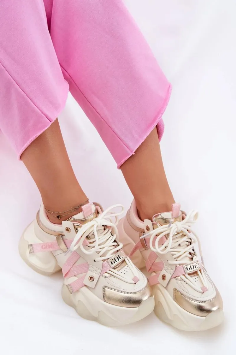 Discount Skórzane Sneakersy Damskie Na Masywnej Podeszwie RR2N4031 Beżowe Damskie Sneakersy Damskie