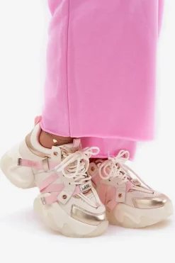 Discount Skórzane Sneakersy Damskie Na Masywnej Podeszwie RR2N4031 Beżowe Damskie Sneakersy Damskie