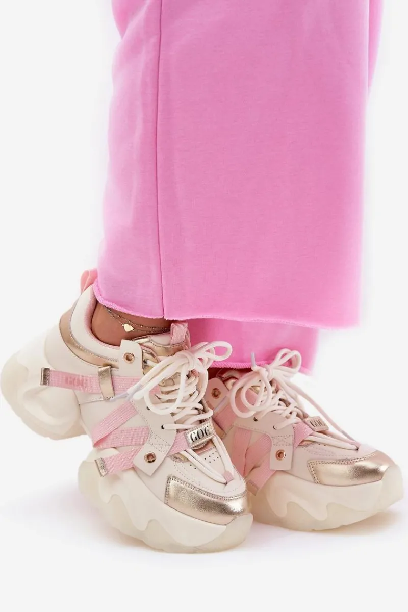 Discount Skórzane Sneakersy Damskie Na Masywnej Podeszwie RR2N4031 Beżowe Damskie Sneakersy Damskie