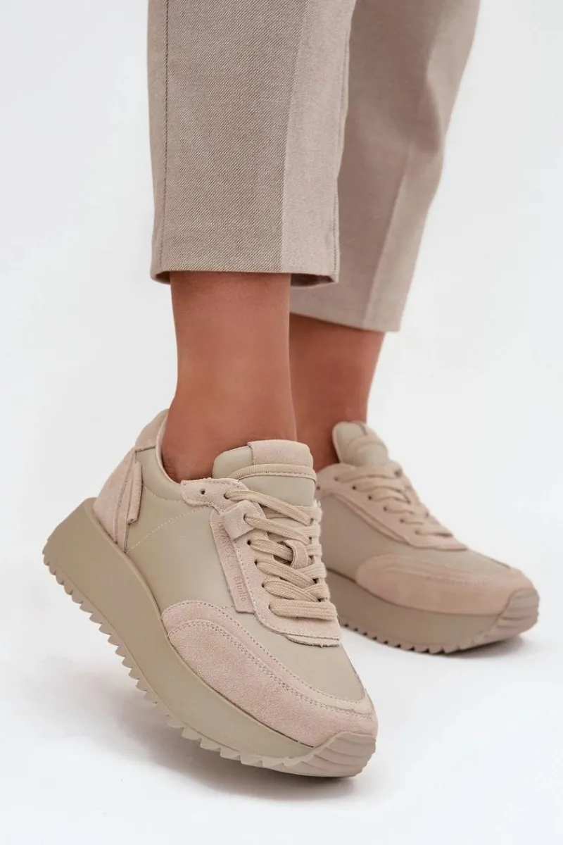 Buty Sportowe Na Platformie|Półbuty Skórzane>Artiker Skórzane Sneakersy Damskie Na Platformie 55C0021 Beżowe