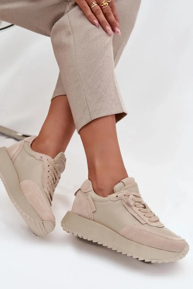 Buty Sportowe Na Platformie|Półbuty Skórzane>Artiker Skórzane Sneakersy Damskie Na Platformie 55C0021 Beżowe