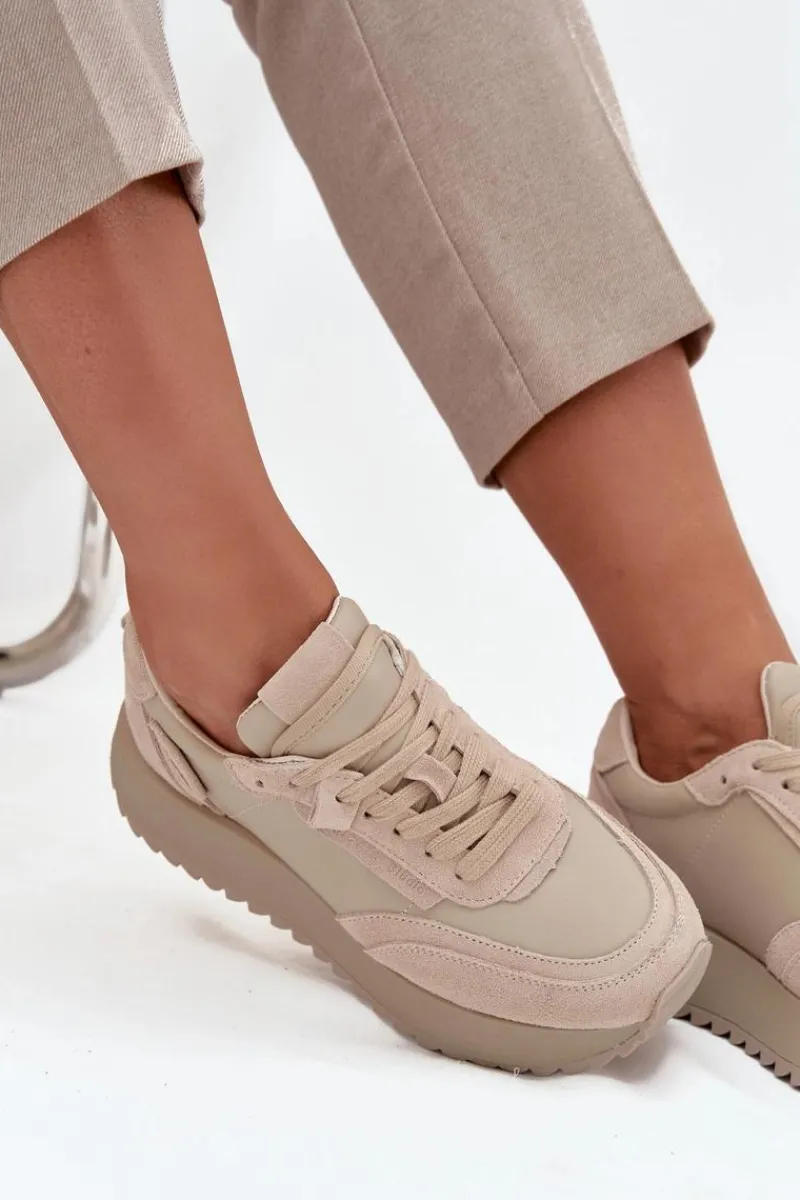Buty Sportowe Na Platformie|Półbuty Skórzane>Artiker Skórzane Sneakersy Damskie Na Platformie 55C0021 Beżowe