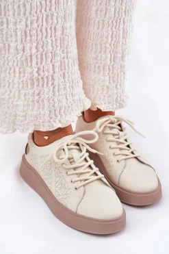 Sneakersy Damskie>Buty damskie Vinceza Skórzane Sneakersy Damskie Na Platformie Vinceza 88018 Beżowe