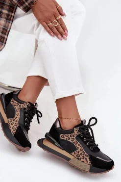 Skórzane Sneakersy Damskie Na Platformie Panterka 55C0134 Czarne Damskie Buty Sportowe Na Platformie|Półbuty Skórzane