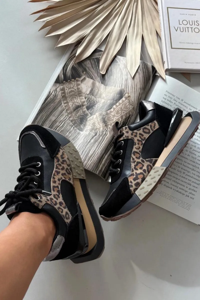 Skórzane Sneakersy Damskie Na Platformie Panterka 55C0134 Czarne Damskie Buty Sportowe Na Platformie|Półbuty Skórzane