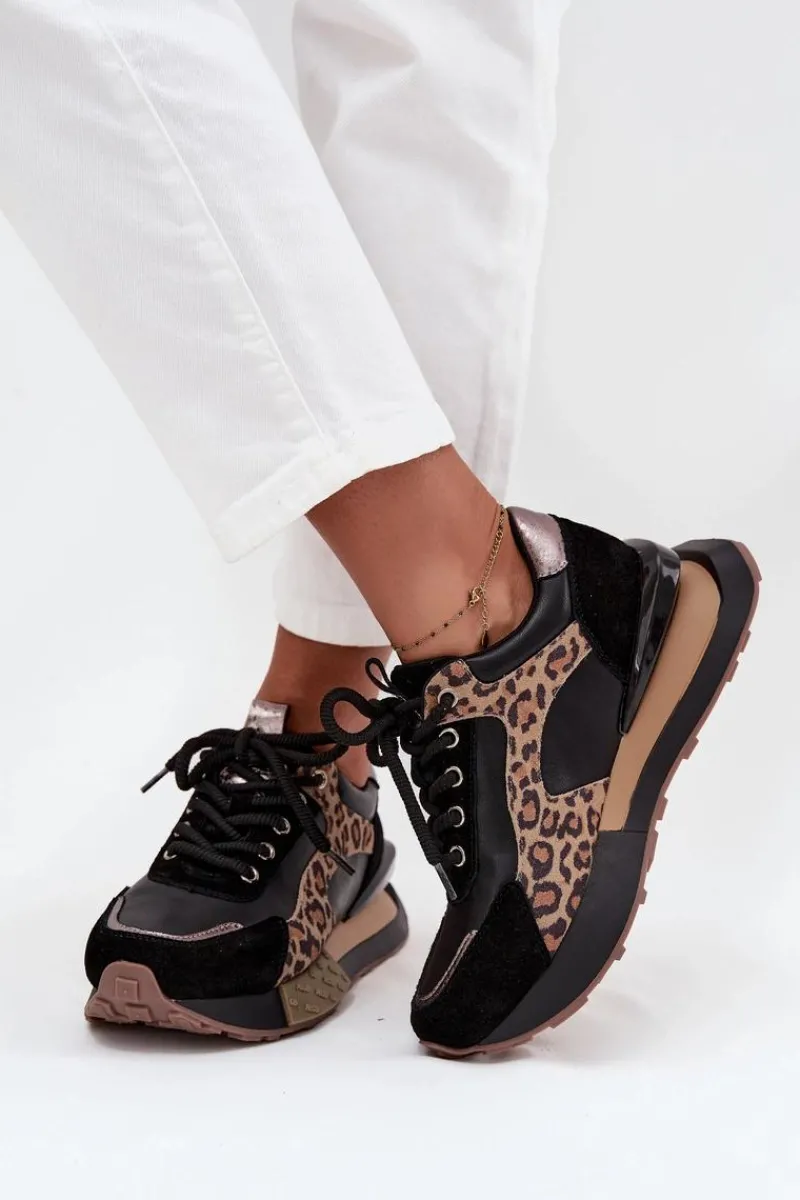 Skórzane Sneakersy Damskie Na Platformie Panterka 55C0134 Czarne Damskie Buty Sportowe Na Platformie|Półbuty Skórzane