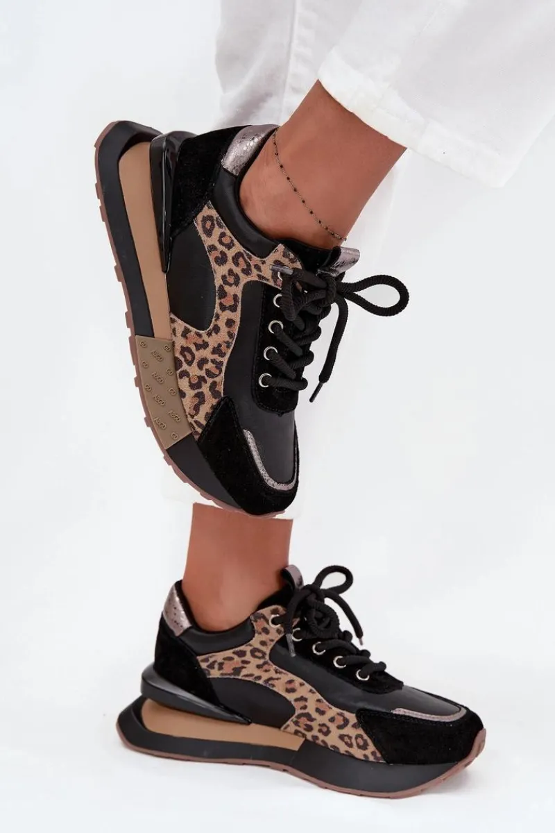 Skórzane Sneakersy Damskie Na Platformie Panterka 55C0134 Czarne Damskie Buty Sportowe Na Platformie|Półbuty Skórzane