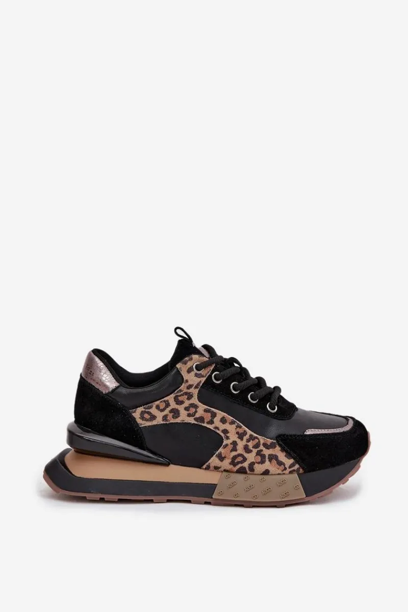 Skórzane Sneakersy Damskie Na Platformie Panterka 55C0134 Czarne Damskie Buty Sportowe Na Platformie|Półbuty Skórzane