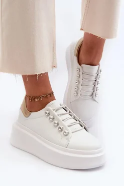 Sneakersy Damskie>Damskie buty S.Barski Skórzane Sneakersy Damskie Na Masywnej Platformie Białe S.Barski LR628