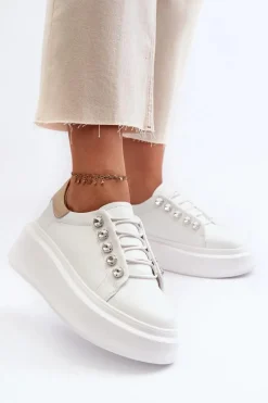 Sneakersy Damskie></noscript>Damskie buty S.Barski Skórzane Sneakersy Damskie Na Masywnej Platformie Białe S.Barski LR628