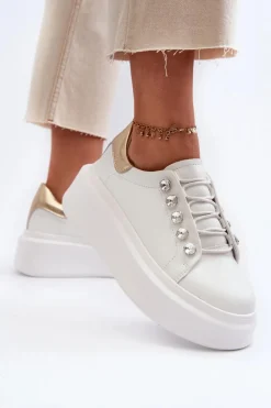 Sneakersy Damskie></noscript>Damskie buty S.Barski Skórzane Sneakersy Damskie Na Masywnej Platformie Białe S.Barski LR628