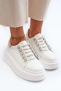 Sneakersy Damskie></noscript>Damskie buty S.Barski Skórzane Sneakersy Damskie Na Masywnej Platformie Białe S.Barski LR628