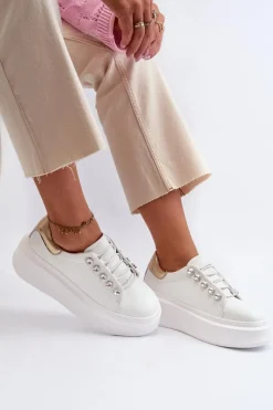 Sneakersy Damskie></noscript>Damskie buty S.Barski Skórzane Sneakersy Damskie Na Masywnej Platformie Białe S.Barski LR628