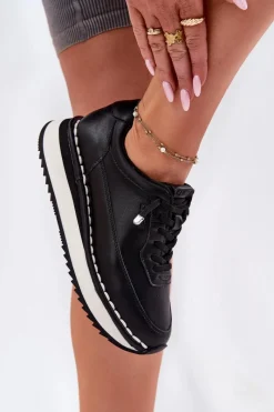 Clearance Skórzane Sneakersy Damskie Na Platformie Big Star RR274A335 Czarne Damskie Buty Sportowe Na Platformie|Buty Sportowe Big Star