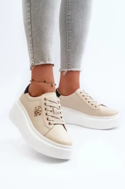 Best Boto Skórzane Sneakersy Damskie Na Platformie Beżowe Pernalia