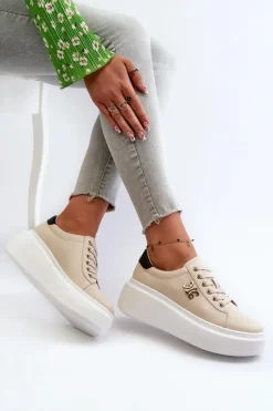 Best Boto Skórzane Sneakersy Damskie Na Platformie Beżowe Pernalia