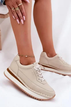 Big Star Shoes Skórzane Sneakersy Damskie Na Platformie Big Star RR274A334 Beżowe Beżowy