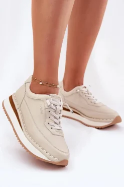 Big Star Shoes Skórzane Sneakersy Damskie Na Platformie Big Star RR274A334 Beżowe Beżowy