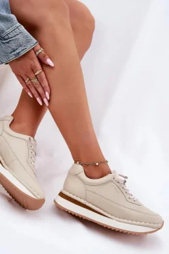 Big Star Shoes Skórzane Sneakersy Damskie Na Platformie Big Star RR274A334 Beżowe Beżowy