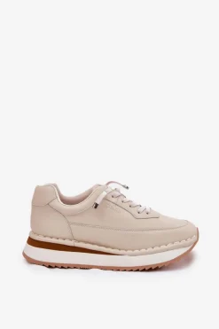 Big Star Shoes Skórzane Sneakersy Damskie Na Platformie Big Star RR274A334 Beżowe Beżowy