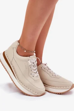 Big Star Shoes Skórzane Sneakersy Damskie Na Platformie Big Star RR274A334 Beżowe Beżowy