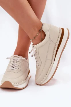 Big Star Shoes Skórzane Sneakersy Damskie Na Platformie Big Star RR274A334 Beżowe Beżowy